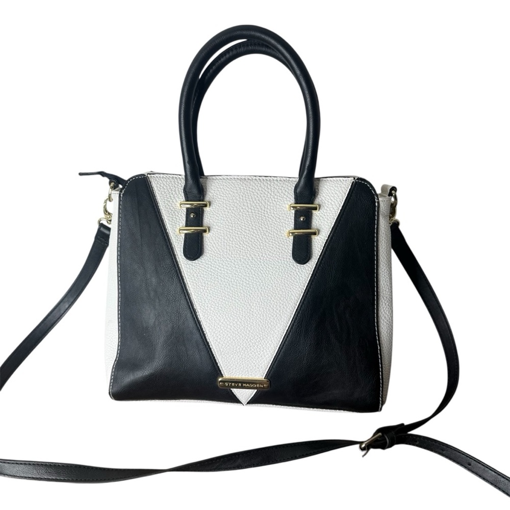 STEVE MADDEN Black White Colour Block Hand Bag Crossbody Strap Zipper PU *Flaw* - Picture 2 of 16
